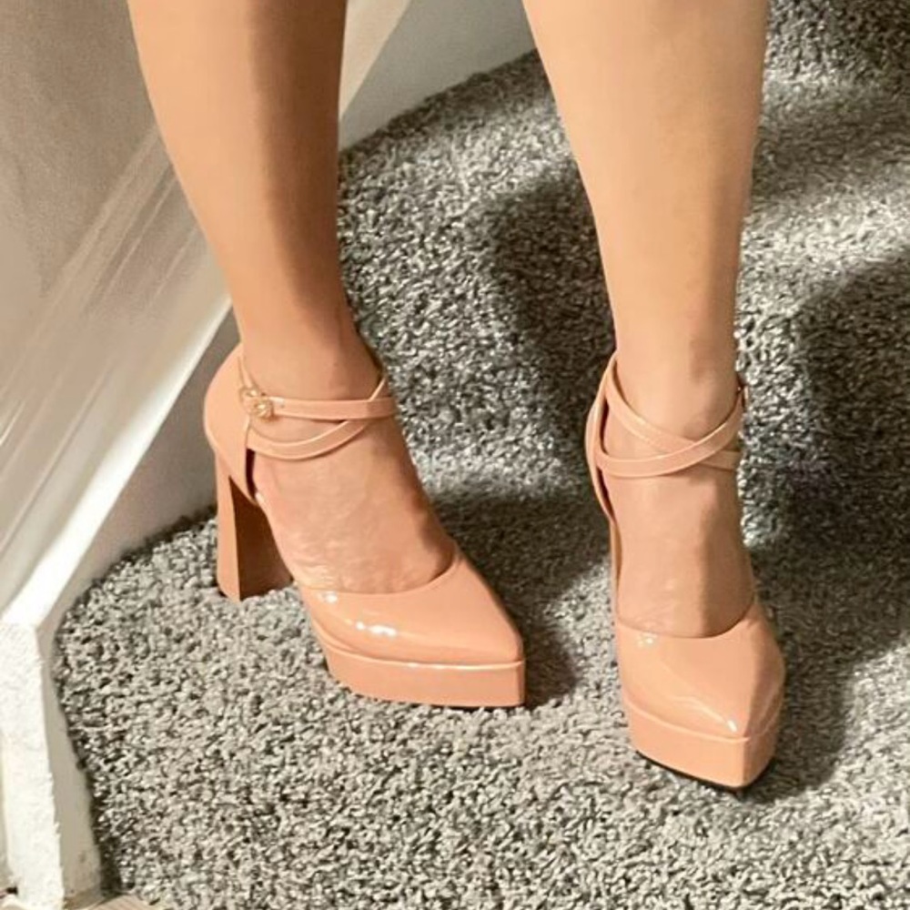 Nude platform ankle strap pumps